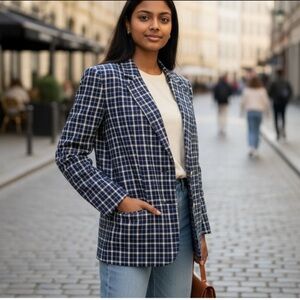 Vintage Prophecy Petite Sag Harbor Linen Blend Blazer 12 Plaid Preppy Academia